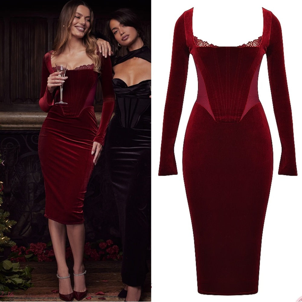 House of CB Solaine Wine Velvet Corset Dress - Picture 3 of 16